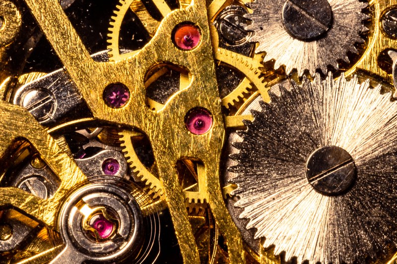 Close up view of the cogs inside a watch